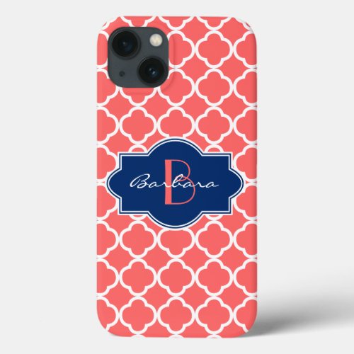 Coral  White Quatrefoil Geometric Pattern iPhone 13 Case