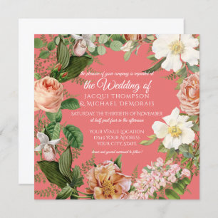 Coral White Rose Vintage Botanical Floral Wedding Invitation