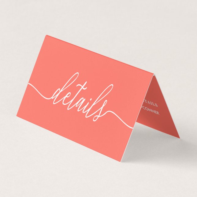 Coral & White Simple Script With Photo Detail Card (Front)