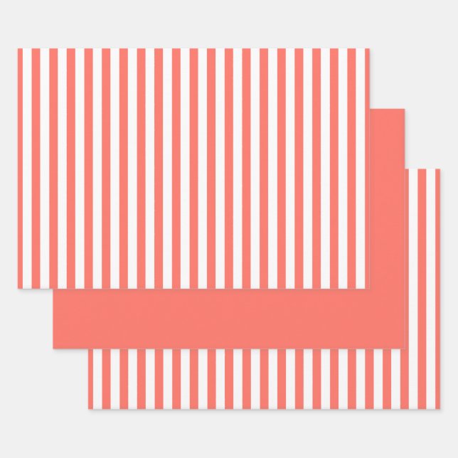 Coral White Simple Stripes Pattern Geometric Wrapping Paper Sheets (Set)