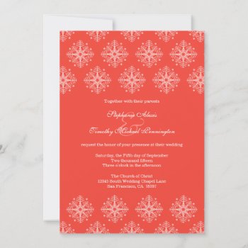 Coral   White Snowflakes Winter Wedding Invitation by Jamene at Zazzle
