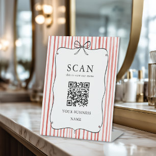 Coral White Stripe Vintage Bow QR Code Menu Sign