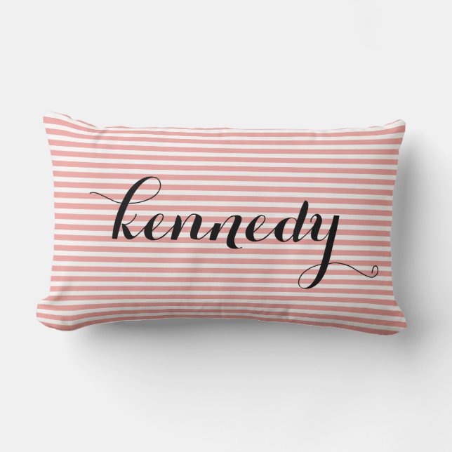 Coral White Stripes Custom Monogram Lumbar Pillow (Front)