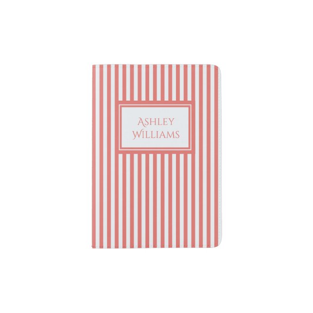 Coral & White Stripes Custom Name Passport Holder (Front)