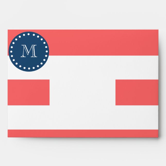 Coral White Stripes Pattern, Navy Blue Monogram Envelope (Front)