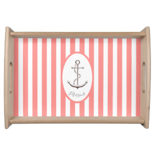 Coral white stripes silver nautical anchor name serving tray