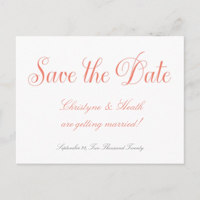 Coral & White Wedding Elegant Save Date Postcard (Front)