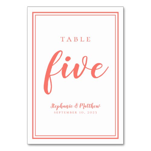 Coral  White Wedding Simple Table Number Five