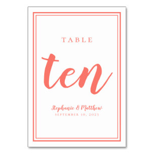 Coral & White Wedding Simple Table Number Ten