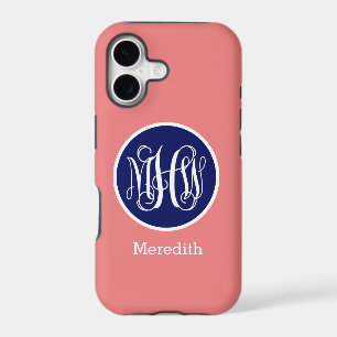 Coral Wht Blue 3 Initial Vine Script Monogram DIY iPhone 17 Case