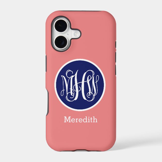 Coral Wht Blue 3 Initial Vine Script Monogram DIY  Iphone Case (Back)
