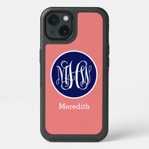 Coral Wht Blue 3 Initial Vine Script Monogram DIY  iPhone 13 Case