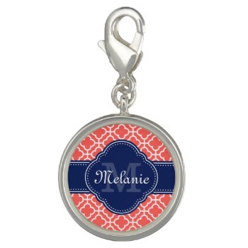 Coral Wht Moroccan Pattern Navy Monogram Charm by DoodlesGiftShop at Zazzle