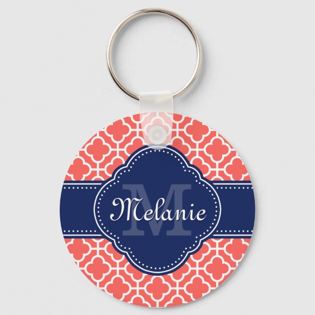 Coral Wht Moroccan Pattern Navy Monogram Keychain (Front)