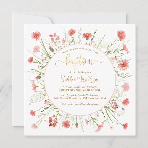 Coral Wildflower Baptism Announcement Gold Font