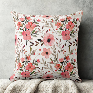 Coral Wildflower Throw Pillow Farmhouse Decor 
