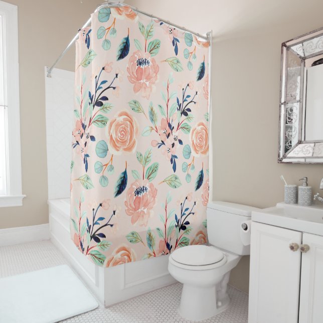 Coral Wildflowers with Blue Accents Shower Curtain (In Situ)