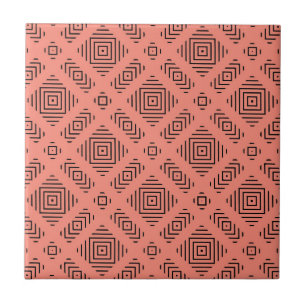 Coral with black geometric pattern ceramic tile