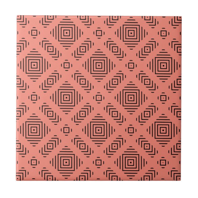 Coral with black geometric pattern ceramic tile (Front)