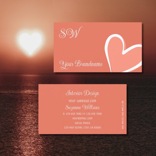 Coral with Gorgeous Pink Heart and Monogram Cute Business Card