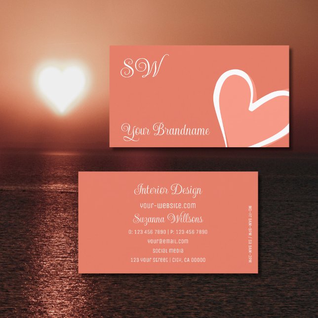 Coral with Gorgeous Pink Heart and Monogram Cute Business Card (Creator Uploaded)