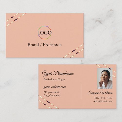 Coral with Rose Gold Lines Logo and Photo Elegant Business Card