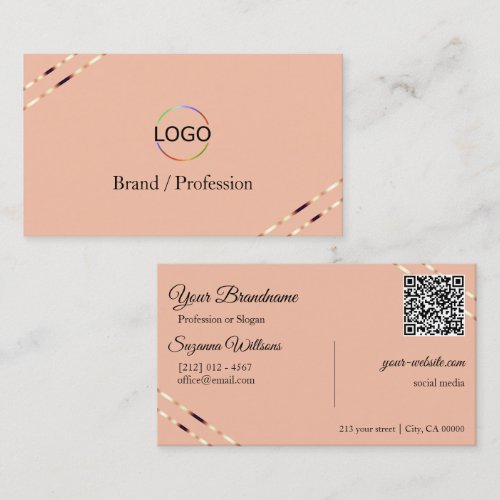Coral with Rose Gold Lines Logo and QR Code Classy Business Card