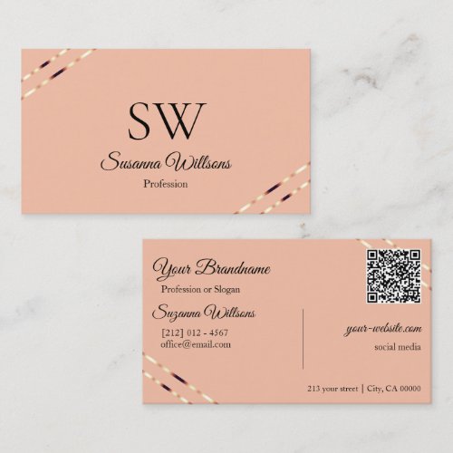 Coral with Rose Gold Lines Monogram QR Code Business Card