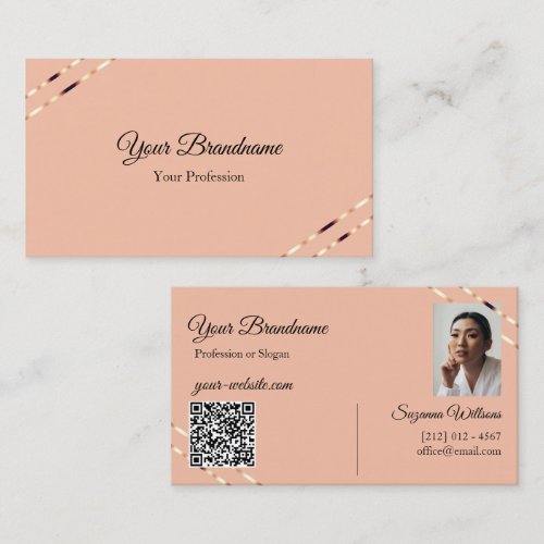 Coral with Rose Gold Lines Photo and QR Code Business Card