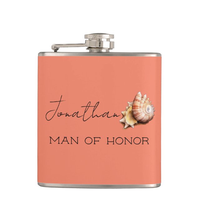 Coral with Shell Personalized Man of Honor  Flask (Front)
