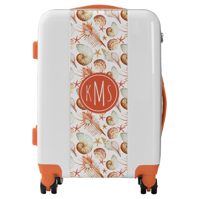 Coral With Shells And Crabs Pattern| Monogram Luggage (Front)