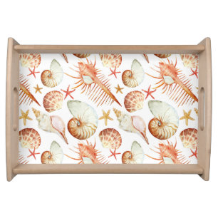 Coral With Shells And Crabs Pattern Serving Tray