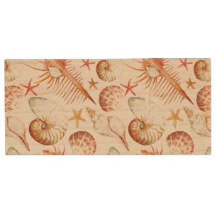 Coral With Shells And Crabs Pattern Wood Flash Drive