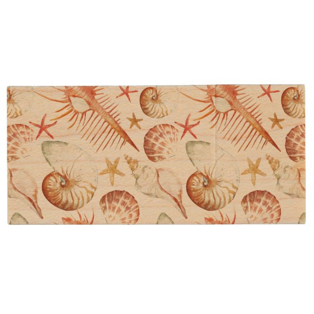 Coral With Shells And Crabs Pattern Wood Flash Drive (Front)
