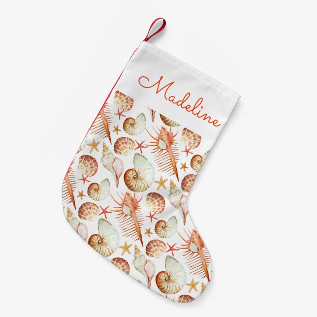 Coral With Shells & Crabs Pattern | Add Your Name Small Christmas Stocking (Front (Hanging))
