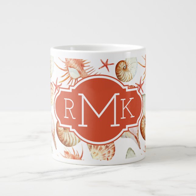 Coral With Shells & Crabs Pattern | Monogram Giant Coffee Mug (Front)