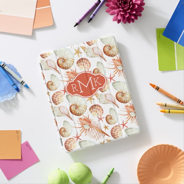 Coral With Shells & Crabs Pattern | Monogram iPad Smart Cover (In Situ)