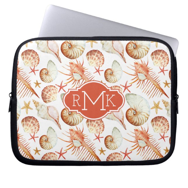 Coral With Shells & Crabs Pattern | Monogram Laptop Sleeve (Front)