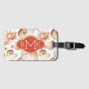 Coral With Shells & Crabs Pattern Monogram Luggage Tag
