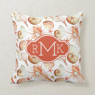 Coral With Shells & Crabs Pattern   Monogram Throw Pillow