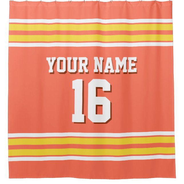 Coral with Yellow White Stripes Sports Jersey Shower Curtain (Front)