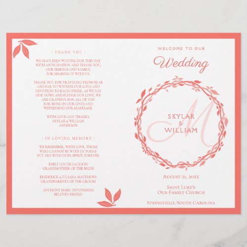 Coral Woodsy Wedding Ceremony Folded Program