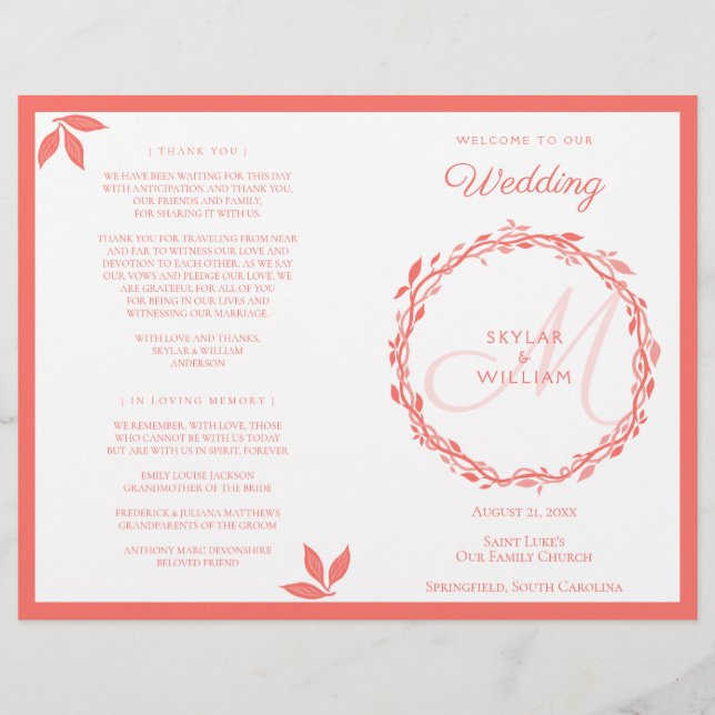 Coral Woodsy Wedding Ceremony Folded Program (Front)