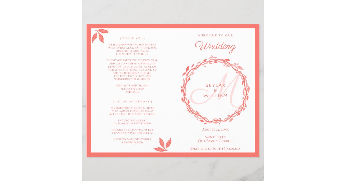 Coral Woodsy Wedding Ceremony Folded Program Zazzle Com