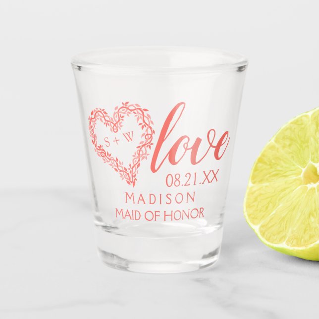 Coral Woodsy Wedding Garland Heart Bridal Party Shot Glass (Front)