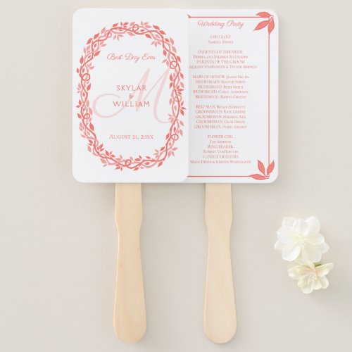 Coral Woodsy Wedding Monogram Best Day Ever Hand Fan