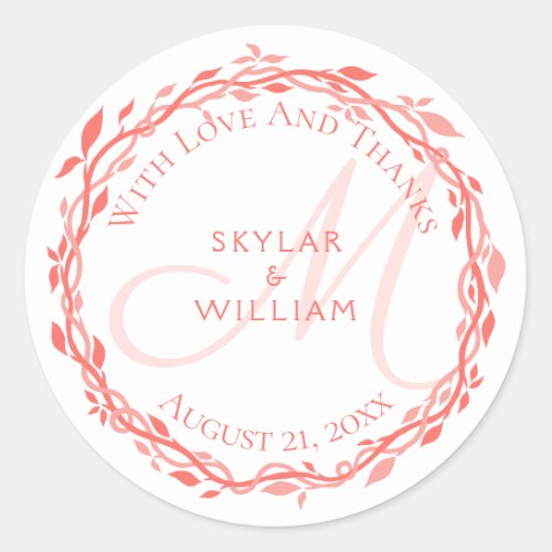 Coral Woodsy Wedding Monogram Love And Thanks Classic Round Sticker