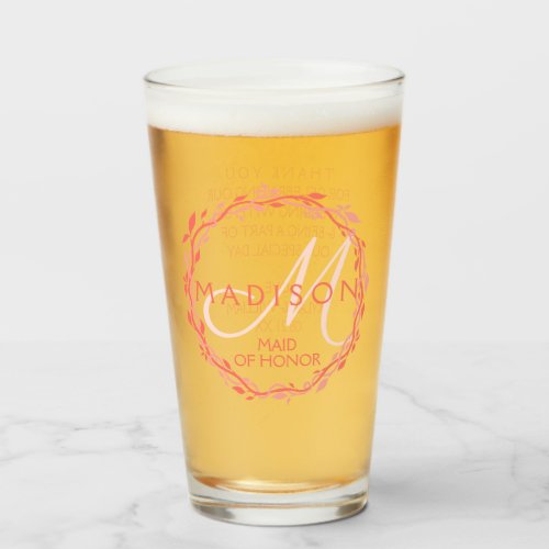 Coral Woodsy Wedding Monogram Maid Of Honor Glass