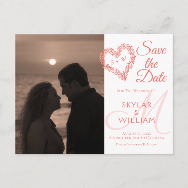 Coral Woodsy Wedding Save The Date Your Photo Invitation Postcard (Front)