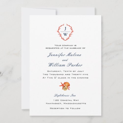 Coral Wreath Coastal Wedding Invitation